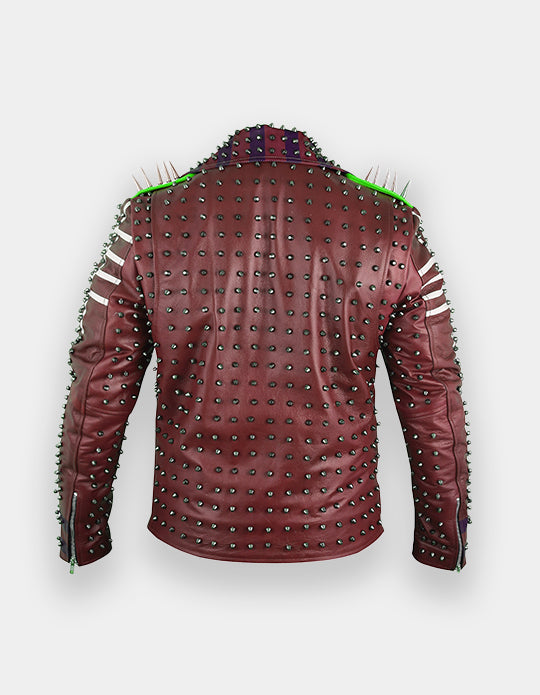 Men's Burgundy & White Studded Leather Jacket with Patches